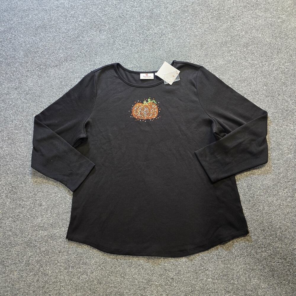 Quacker Factory Top Womens XL Black Rhinestone Pumpkin Halloween Fall Thermal